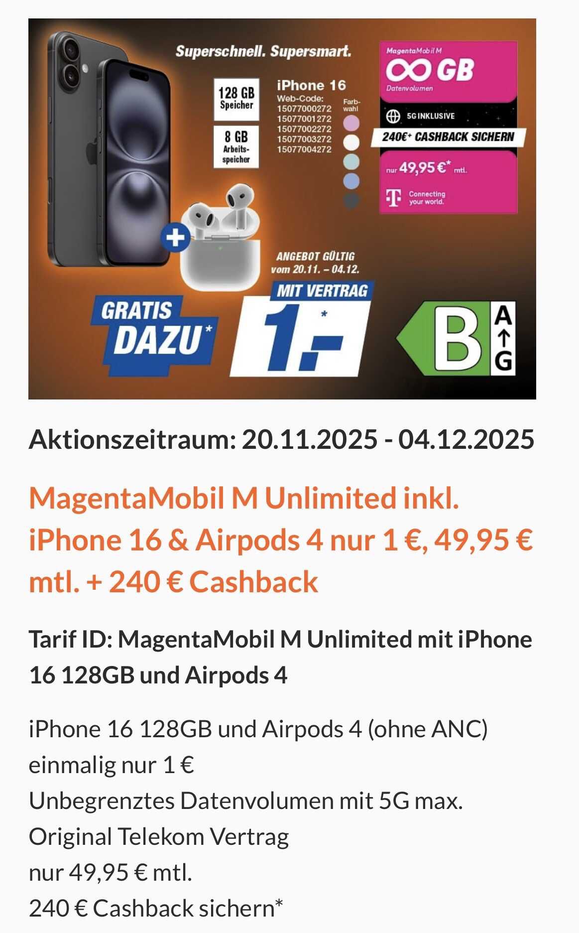 Original Telekom Unlimited 49,95€ mtl. mit 240€ Cashback inkl. iPhone 16 128GB inkl. Airpods 4
