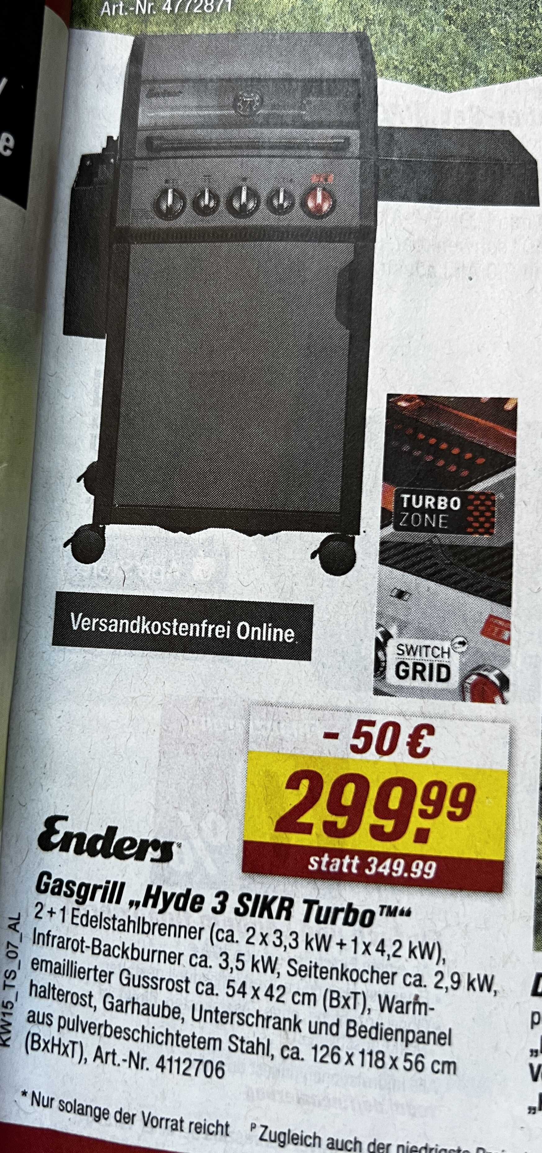 Enders  Gasgrill „Hyde 3 SIKR Turbo„ bei toom für 250€ anstatt 349,99