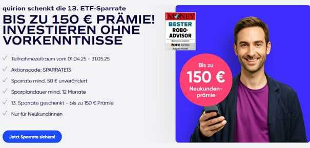 Quirion: Bis zu 150€ Prämie für ETF Sparplan ab 50€ im Monat