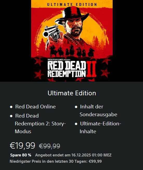 Red Dead Redemption 2: Ultimate Edition (PlayStation) für 19,99€ statt 99,99€