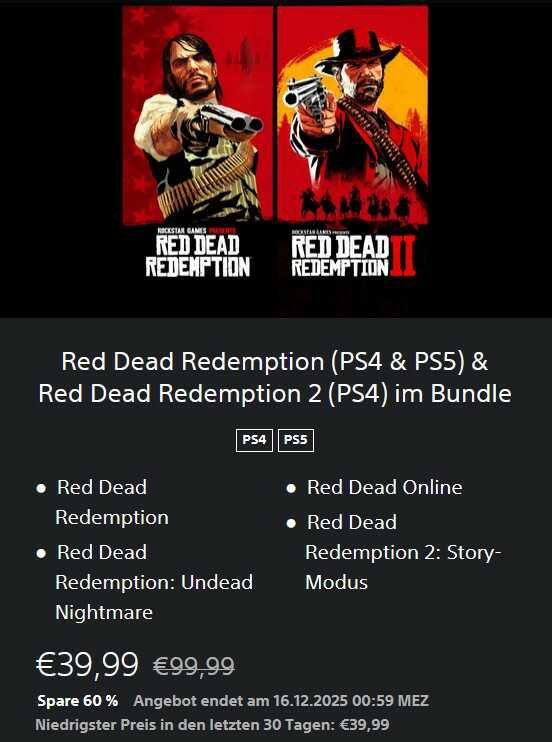 Red Dead Redemption (PS4 & PS5) & Red Dead Redemption 2 (PS4) im Bundle für 39,99€ statt 99,99€