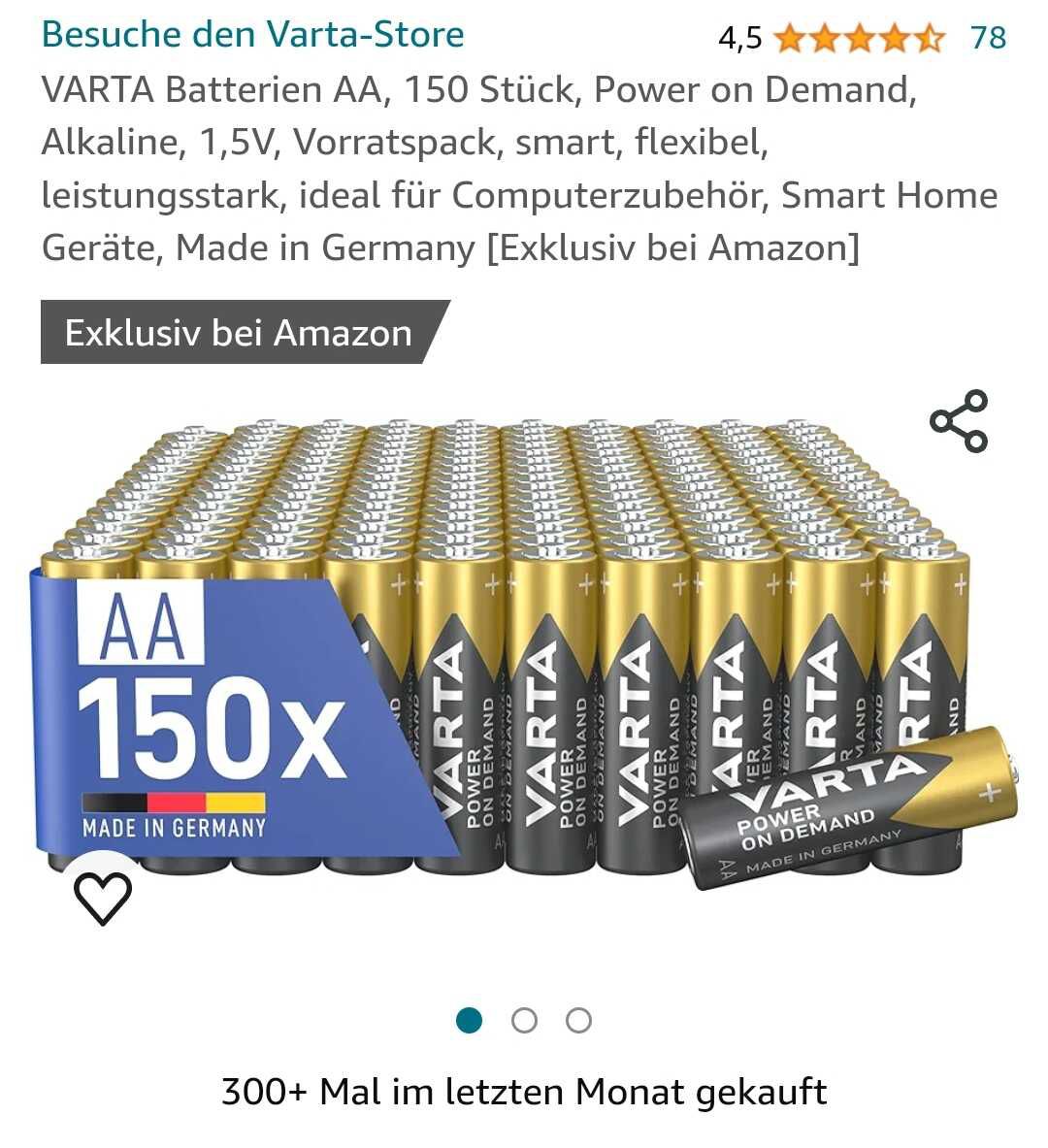 150 AA VARTA Batterien 39,59 (26Cent/Stueck)