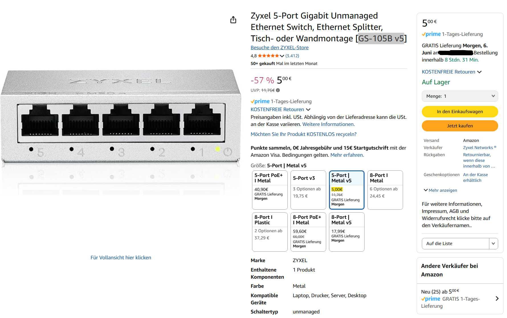 Zyxel 5 Port Gigabit Switch (GS 105B v5) für 5€ statt 11,76€ (57% Ersparnis!)