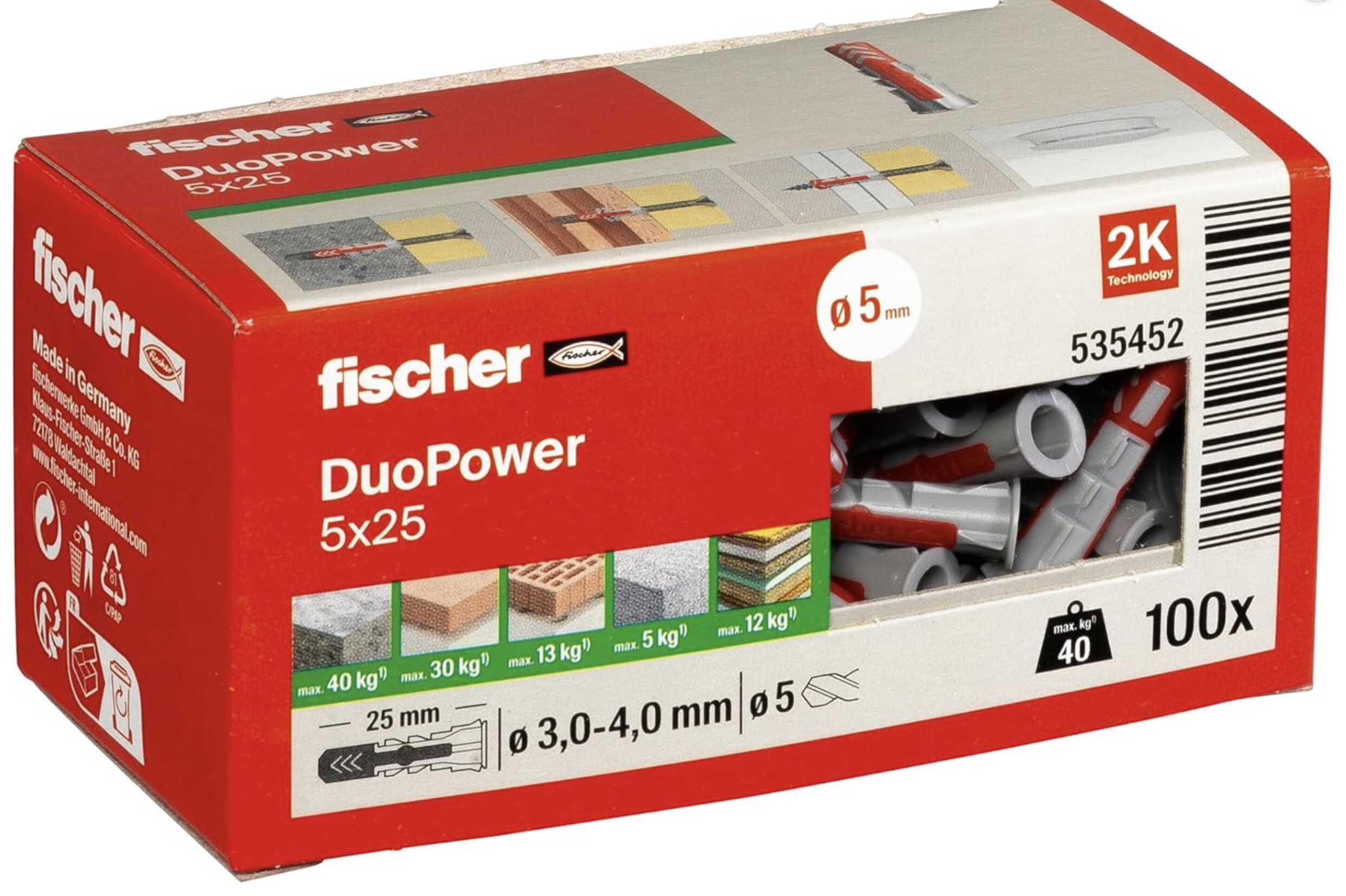 100x fischer DuoPower 5 x 25, Universaldübel ab 4,29€ statt 7,70€