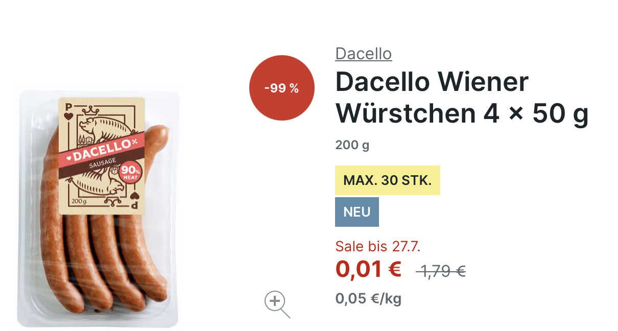 Preisfehler: Dacello Wiener Würstchen 4 x 50 g für 0,01€ statt 1,79€