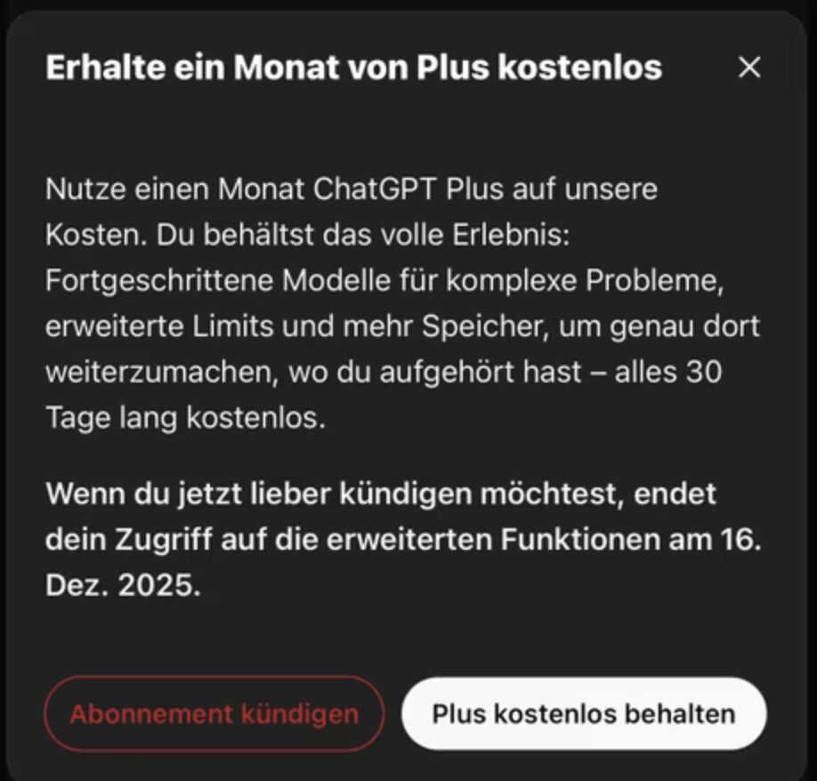 1 Monat ChatGPT Plus gratis für bestehende Kunden mit aktivem Abo