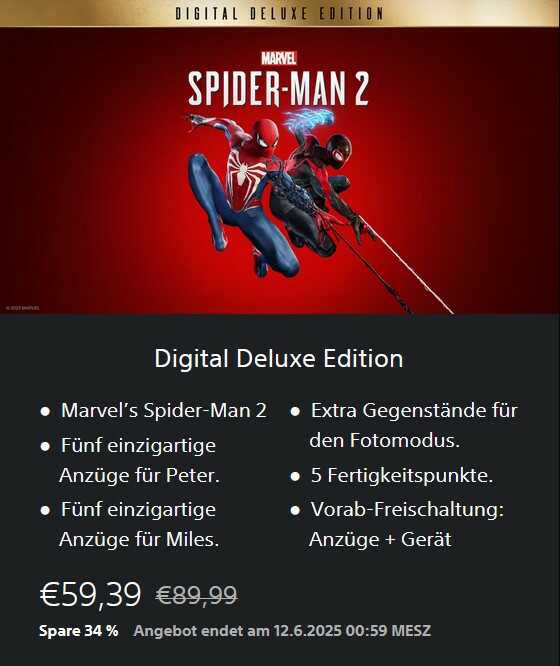 Marvel’s Spider Man 2   Digital Deluxe Edition (PlayStation 5) für 59,39€ statt 89,99€
