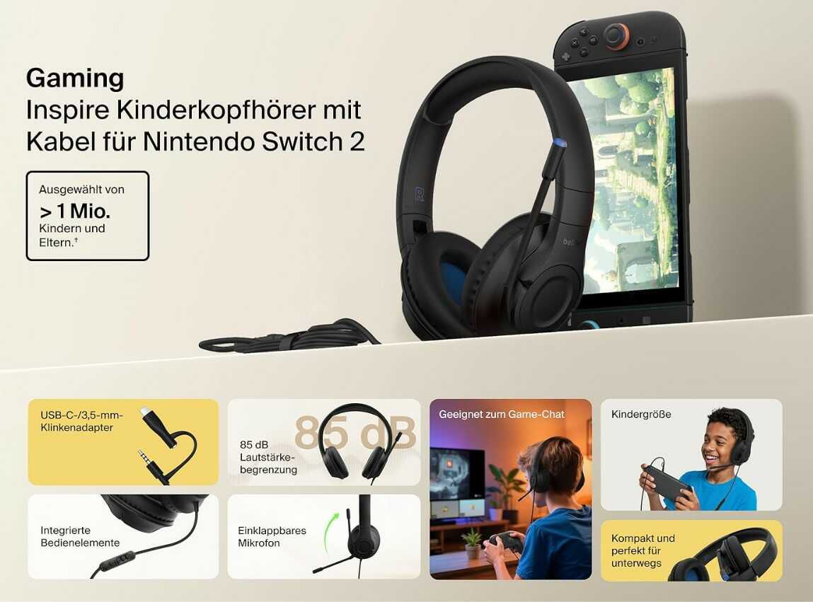 Belkin Gaming Inspire Kinderkopfhörer für Nintendo Switch 2 (max. 85 dB Lautstärke) für 19,99€ statt 26,03€