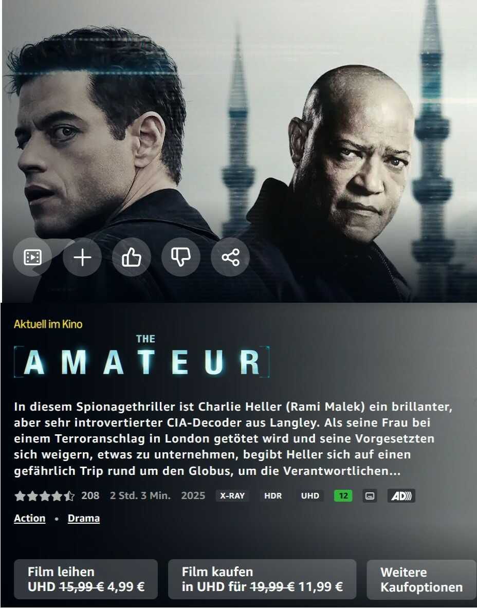 The Amateur (2025) mit Rami Malek und Laurence Fishburne (Prime Video) für 4,99€ statt 15,99€ (Leihen) oder für 11,99€ statt 19,99€ (Kaufen)