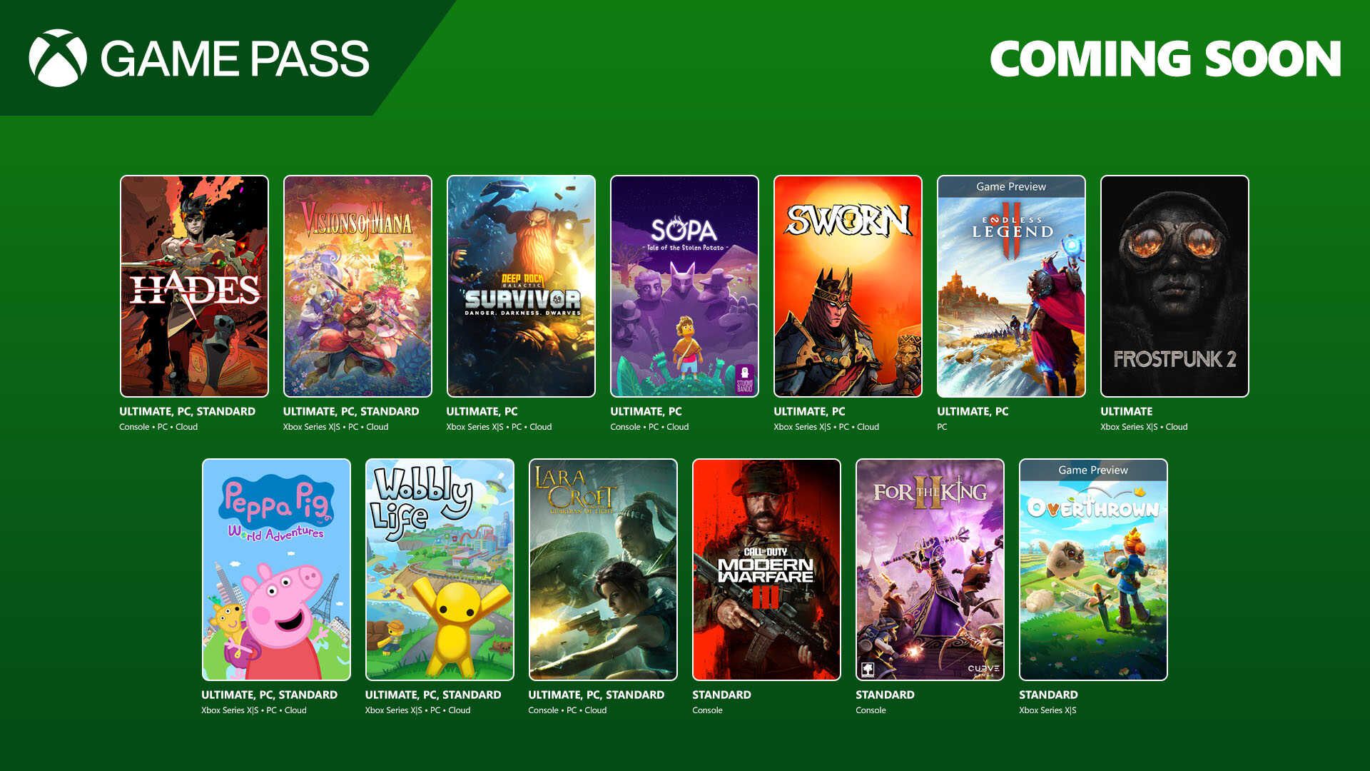 [Xbox Game Pass] Hades, Frostpunk 2, Visions of Mana, Deep Rock Galactic: Survivor, Sworn, Lara Croft and the Guardian of Light, Sopa, uvm.