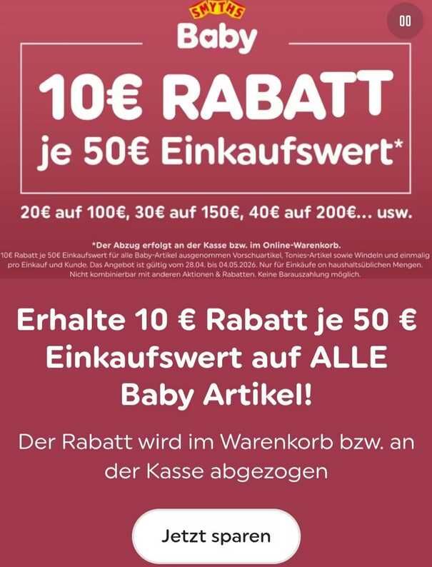 Smyths Toys: 10€ Rabatt je 50€ Einkaufswert auf alle Baby Artikel Smyths Toys: 10€ Rabatt je 50€ Einkaufswert auf alle Baby Artikel