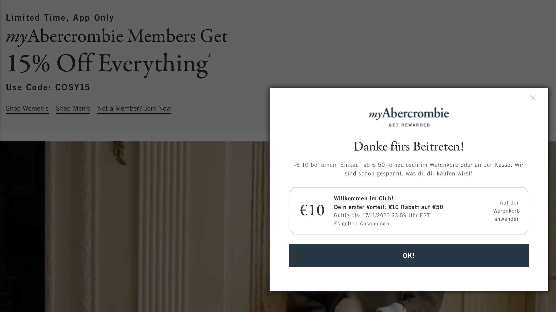 Abercrombie&Fitch Sale, 10€ bei Erstanmeldung, Code COSY15 für Extrarabatt (nicht für den Sale gültig) Abercrombie&Fitch Sale, 10€ bei Erstanmeldung, Code COSY15 für Extrarabatt (nicht für den Sale gültig)