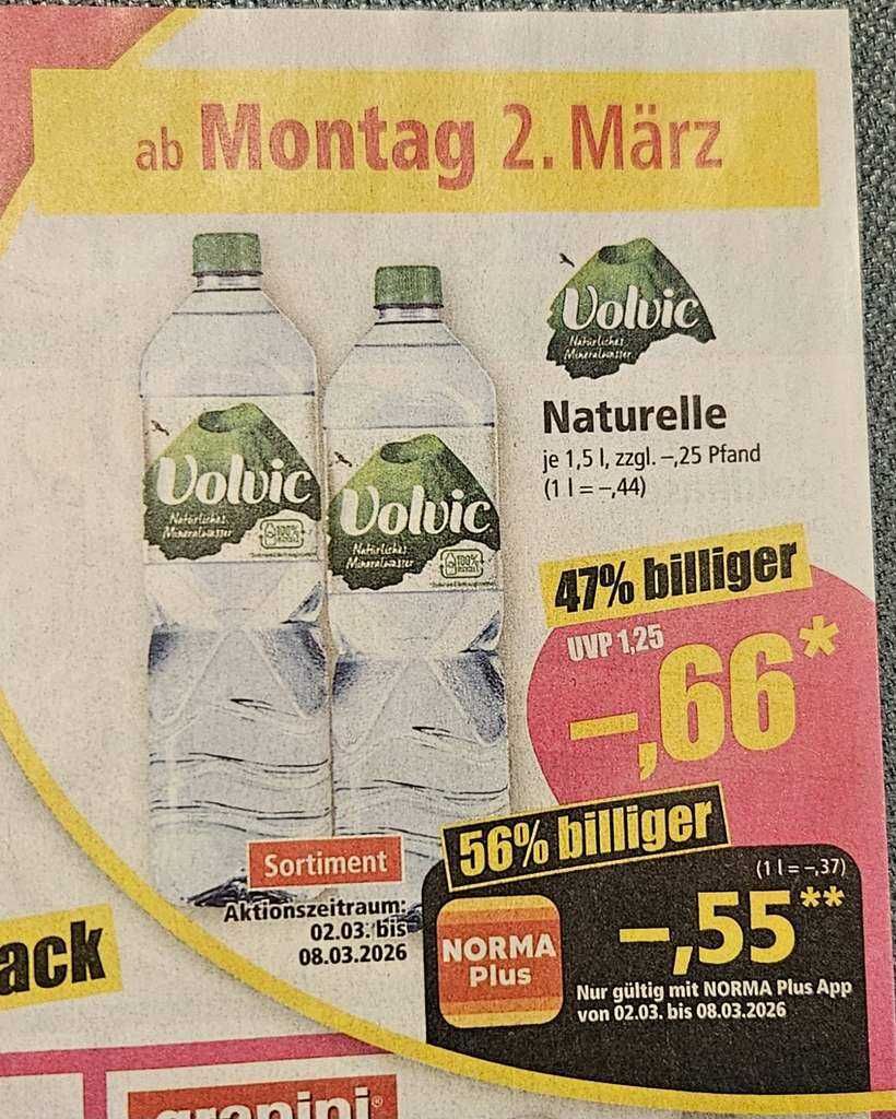 Volvic Naturelle 1,5 L für 0,55 € bei Norma (mit App) – nur 0,37 €/Liter Volvic Naturelle 1,5 L für 0,55 € bei Norma (mit App) – nur 0,37 €/Liter