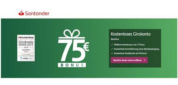 Santander BestGiro mit 75€ Prämie  Kostenloses Girokonto inkl. Visa Debitkarte