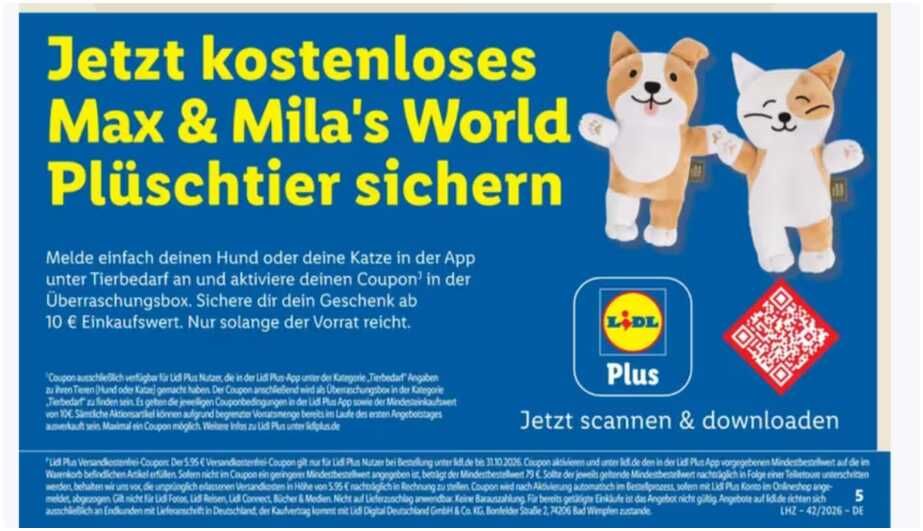 [LIDL Plus] Kostenloses Plüschtier bei Anmeldung des Hundes oder Katze in Lidl Plus App | Coupon in App ab Mindesteinkauf 10€ | ab 12.10.