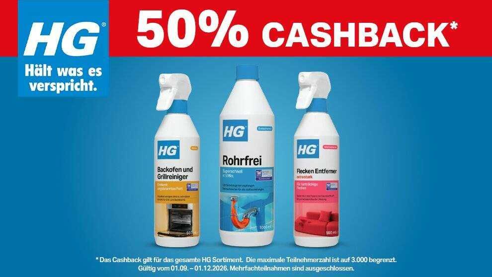 50 % Cashback auf alle HG Produkte! 50 % Cashback auf alle HG Produkte!