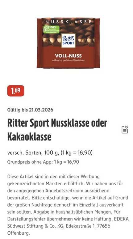 Rittersport Nussklasse bei Edeka Rittersport Nussklasse bei Edeka