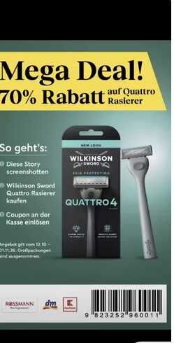 [Rossmann, lokal auch dm & Kaufland] Wilkinson Sword Quattro 4 Skin Protection Rasierer für 1,89 € statt 6,99 € (70% Coupon + 10% App)