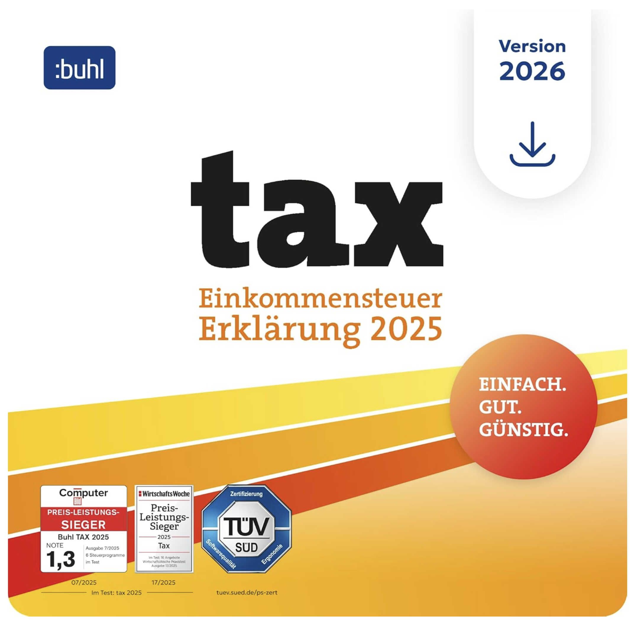 tax 2026 (für Steuerjahr 2025) als digitalen Download für 14,14€ statt 14,80€ tax 2026 (für Steuerjahr 2025) als digitalen Download für 14,14€ statt 14,80€