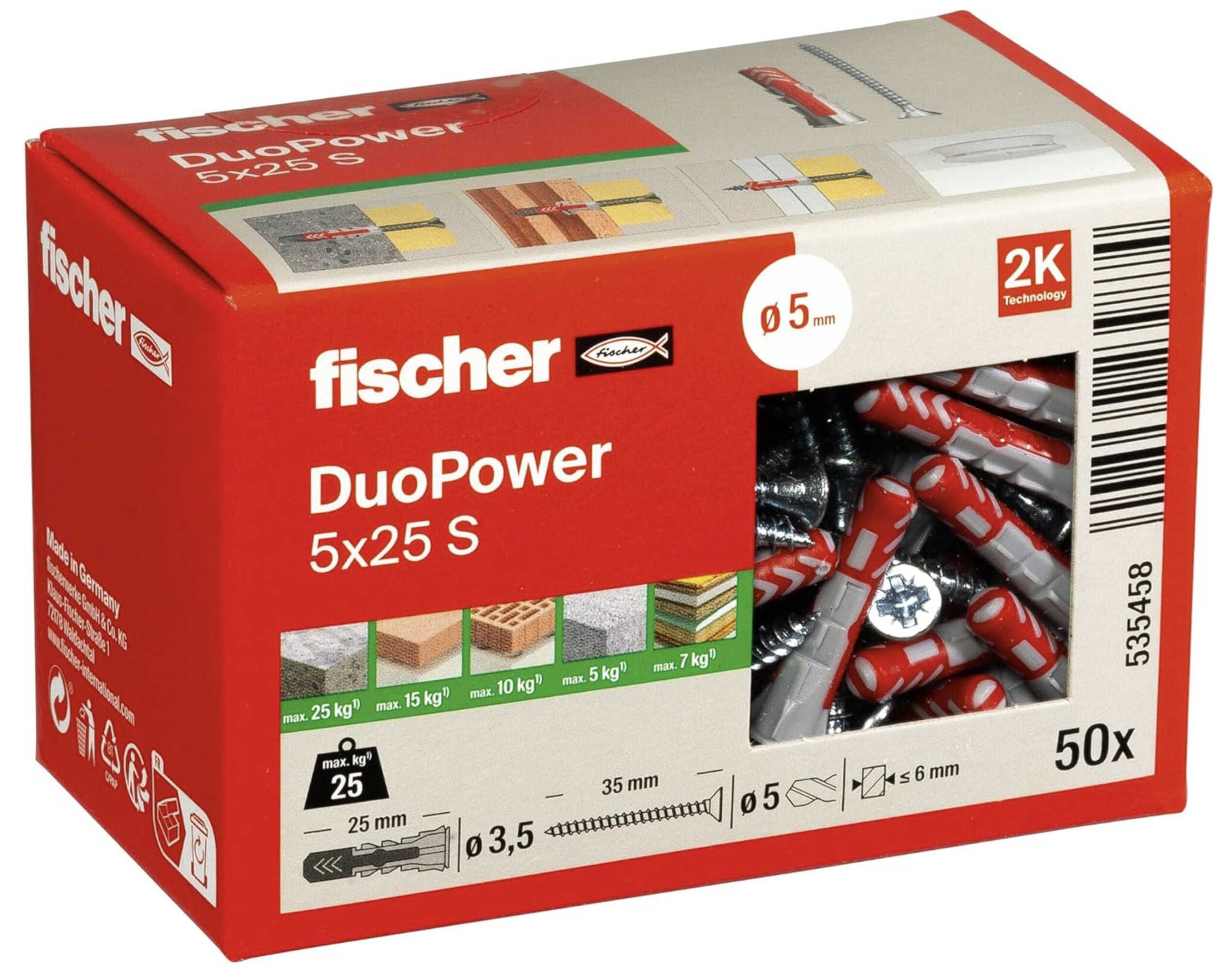 50er Pack fischer DuoPower 5 x 25 S, Universaldübel mit Sicherheitsschraube für 7,99€ statt 12,37€ 50er Pack fischer DuoPower 5 x 25 S, Universaldübel mit Sicherheitsschraube für 7,99€ statt 12,37€