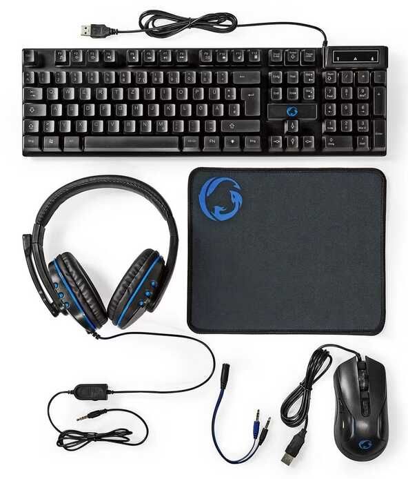 Nedis Gaming Combo Kit 5‑in‑1 – Tastatur, Maus, Headset, Mauspad & Adapterkabel, LED‑Beleuchtung, DE‑Layout, Plug‑and‑Play Nedis Gaming Combo Kit 5‑in‑1 – Tastatur, Maus, Headset, Mauspad & Adapterkabel, LED‑Beleuchtung, DE‑Layout, Plug‑and‑Play