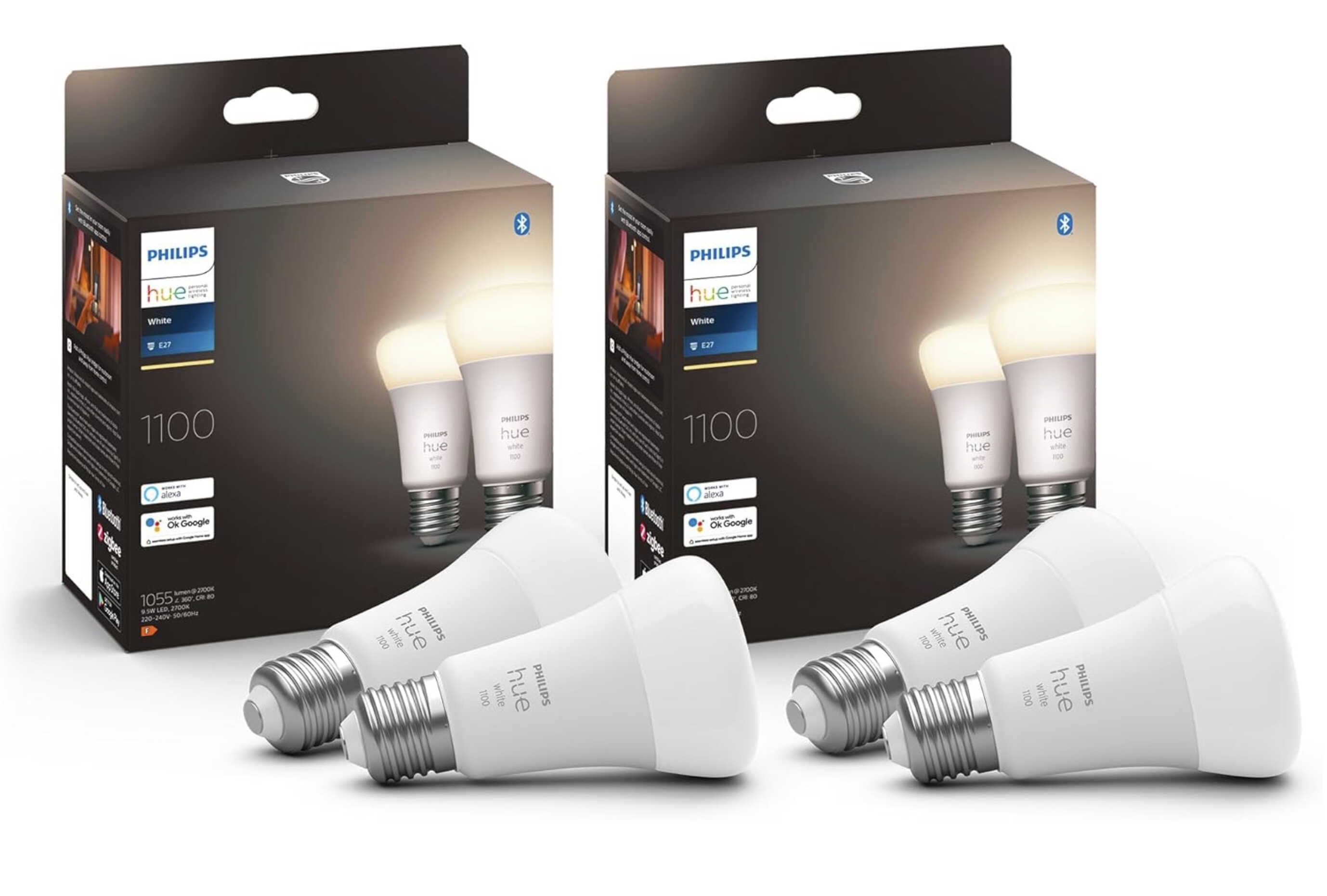4x Philips Hue White E27 Lampe 1055lm, dimmbar, warmweiß für 36,99€ statt 44,19€