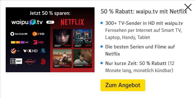 Waipu.tv mit Netflix via Web.de  9 €/Monat, monatlich kündbar  statt 17,99€ Waipu.tv mit Netflix via Web.de  9 €/Monat, monatlich kündbar  statt 17,99€