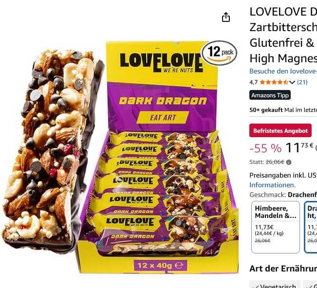 MHD 27.10.2026 | 11,20 € (statt 24,90 €) | LOVELOVE Nussriegel mit Zartbitterschokolade, Glutenfrei, Ohne Palmöl, 6g pflanzliches Protein, 12x40 g | Himbeeren/Drachenfrucht