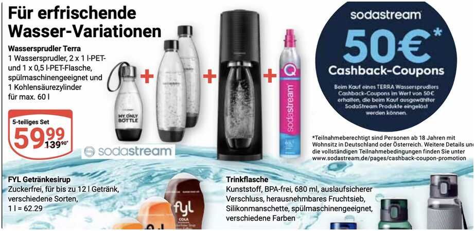 OFFLINE@GLOBUS: Sodastream TERRA Promo Pack (CO2, 2x 1 Liter und 1x 0,5 Liter) 59,99€ statt 67,99€