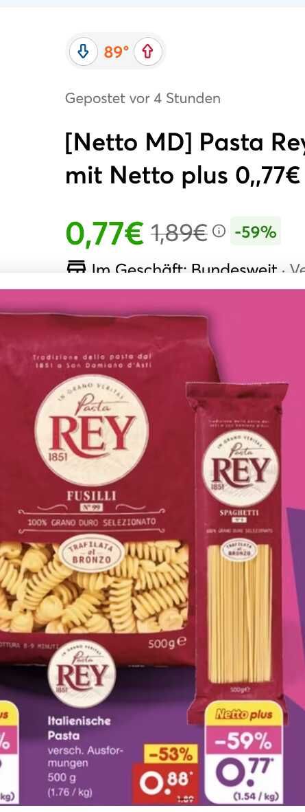 [Netto MD] Pasta Rey verschiedene Sorten 0,88€ mit Netto plus 0,77€