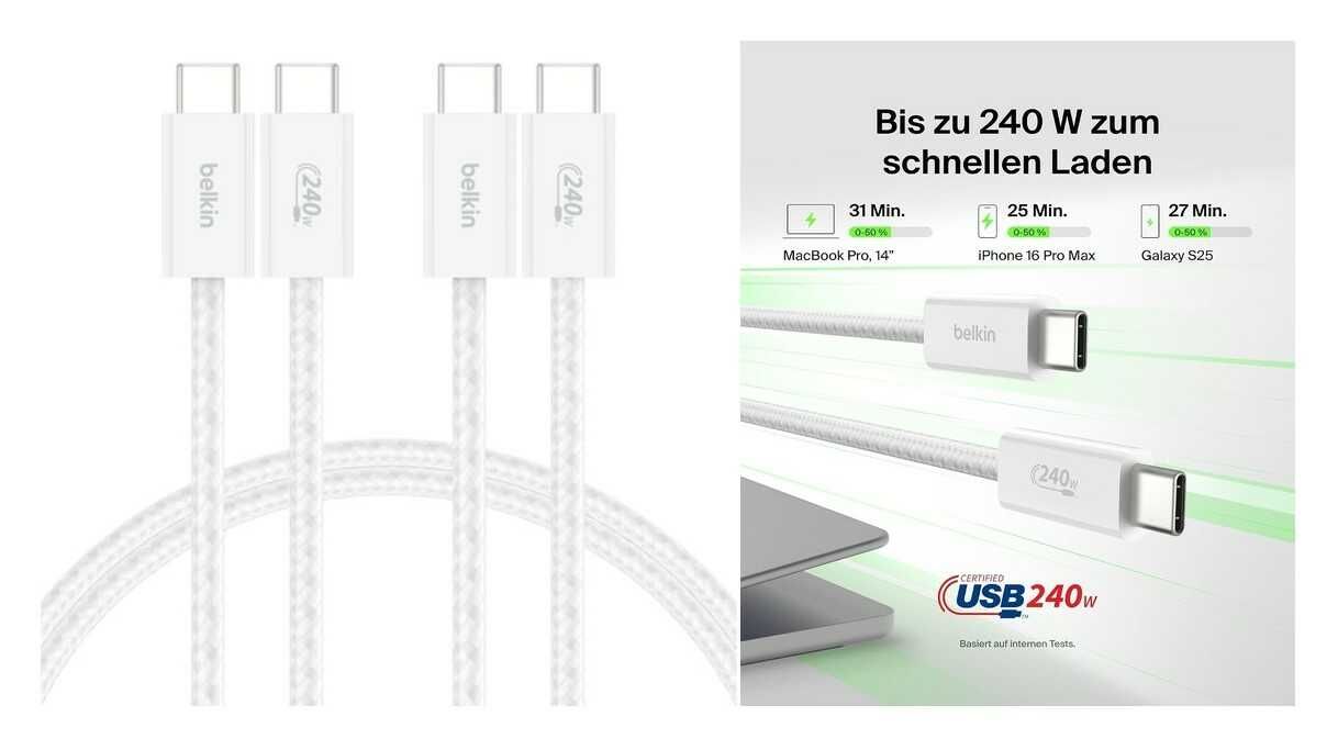 [Prime] 2er Pack Belkin BoostCharge USB C /USB C Kabel in Weiß (240 W | 1,5 m) für 12,99€ statt 19,99€