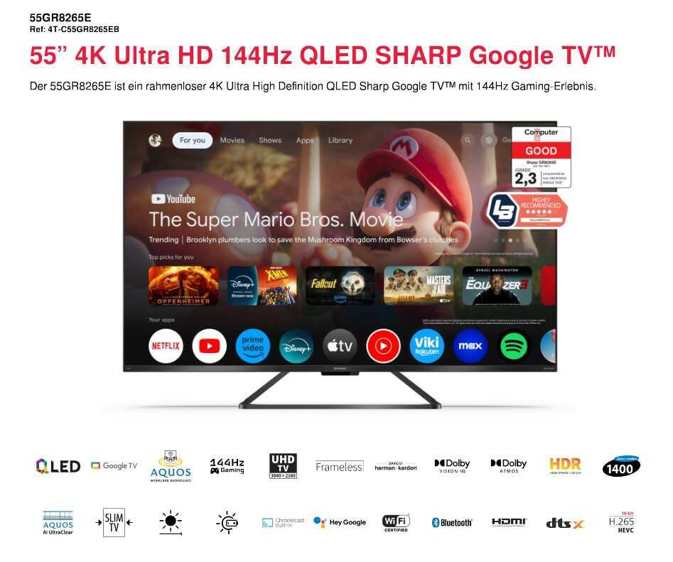 Sharp 55GR8265E QLED 4K Ultra HD Google TV (55 Zoll / 139 cm / 144 Hz) für 564,94€ statt 629,99€