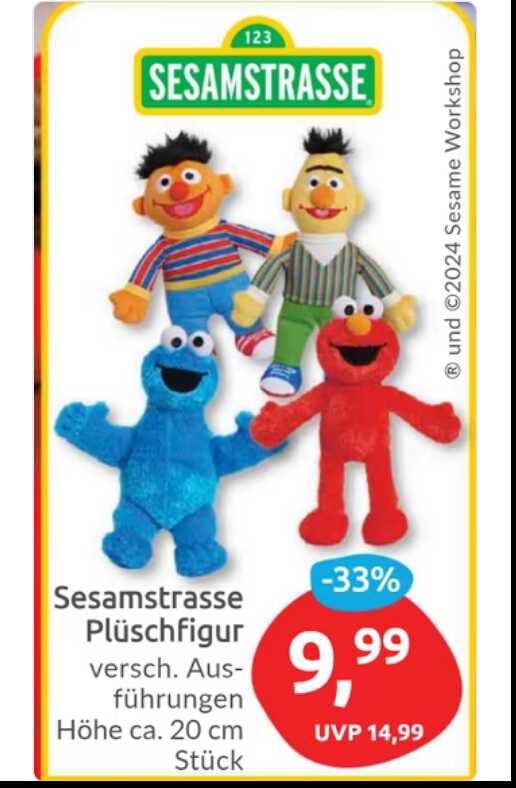 Sesamstraße Plüschfigur Ernie, Bert, Krümel und Elmo für je 9,99€ statt 14,99€