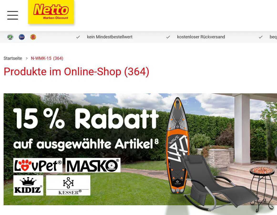 NETTO: 15% Rabatt auf ausgewählte Produkte Online