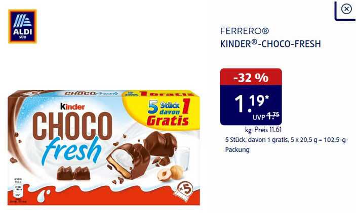 kinder CHOCO fresh bei Aldi Süd 1,19€ statt 2,19€ kinder CHOCO fresh bei Aldi Süd 1,19€ statt 2,19€