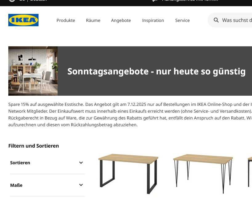 [Ikea Family] 15% auf ausgewählte Esstische   Sonntagsangebote   nur heute