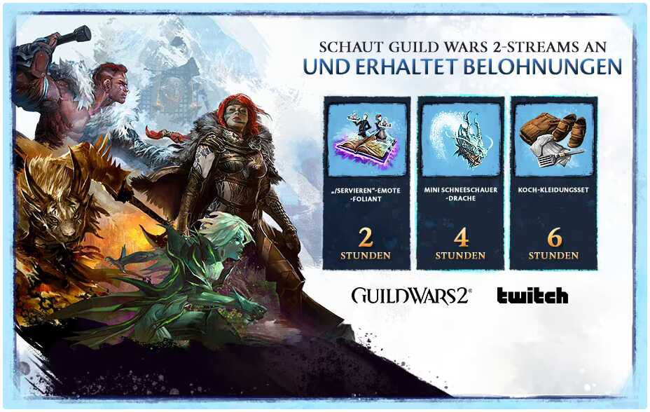 Guild Wars 2 (GW2) Twitch Drops: Servieren Emote Foliant / Mini Schneeschauer Drache / Koch Kleidungsset