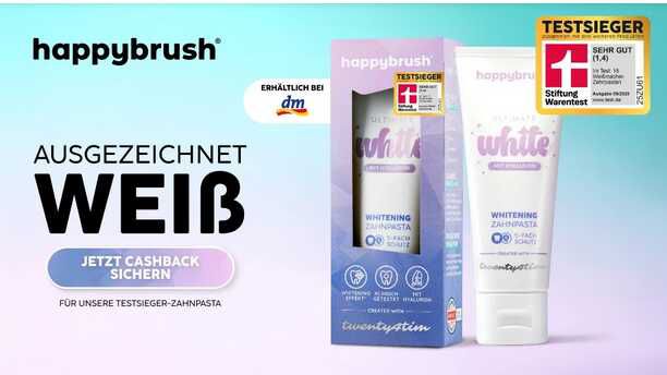 Cashback: happybrush Ultimate White Whitening Zahnpasta, 75ml € 1,00 Cashback