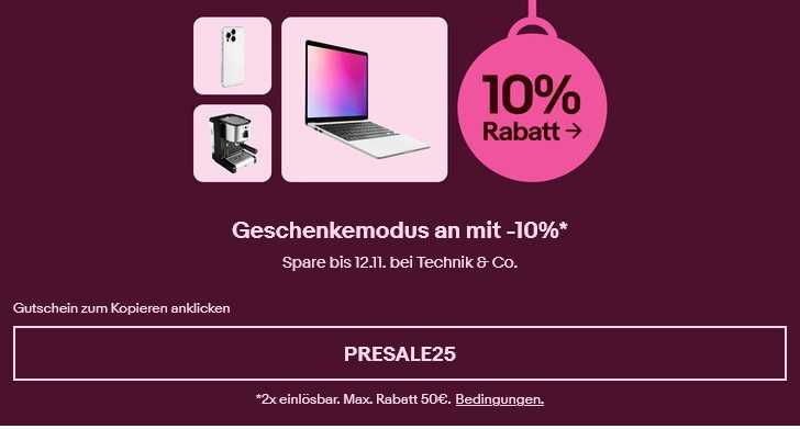 eBay - 10% auf Elektronik-Geschenke (2x einlösbar) eBay 10% auf Elektronik Geschenke (2x einlösbar)