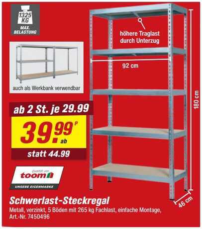 2x TKT Schwerlastregal 180 x 92 x 46 cm mit 5 Böden, 265 kg Tragkraft/Boden 59,98€ statt  89,98€