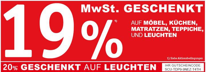 XXXLutz Online Shop "19 MwSt gespart" auf Möbel, Küchen, Matratzen
