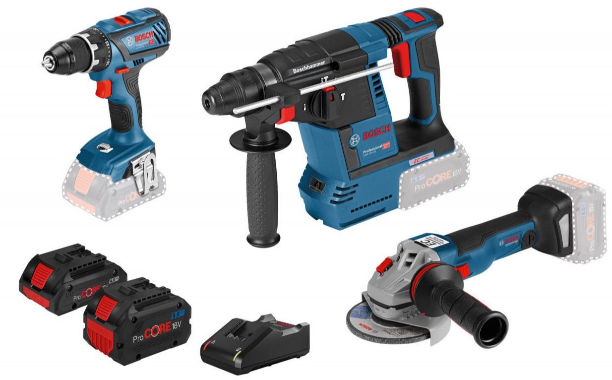 Bosch 18V AkkuProfiSet (Bohrschrauber, Bohrhammer, Winkelschleifer