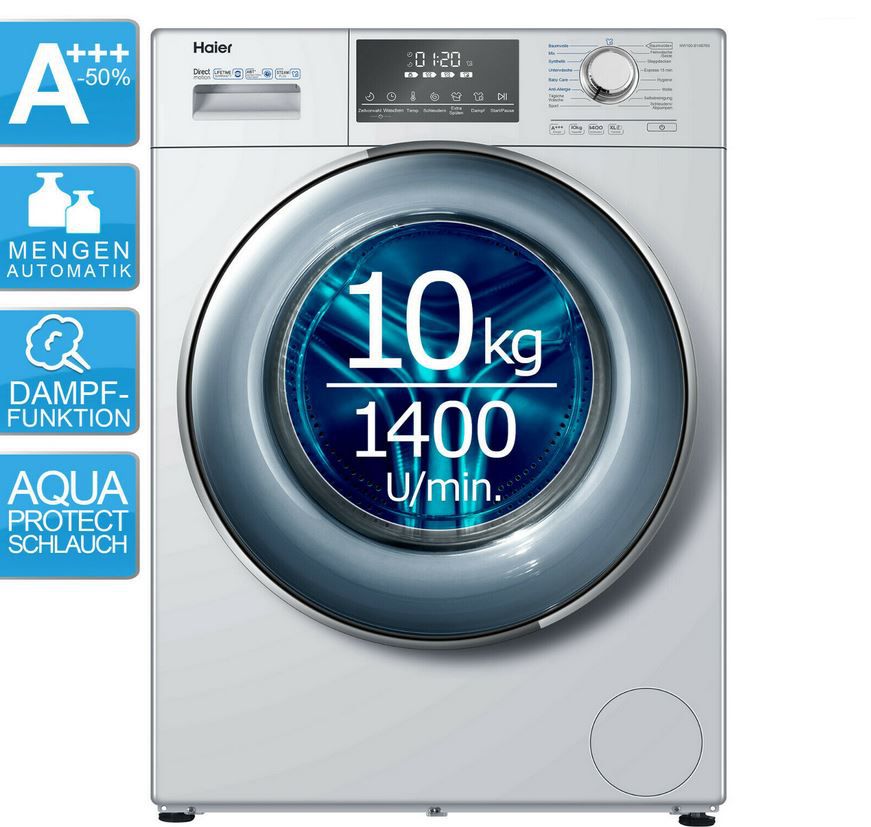 Haier HW100-B14876S Waschmaschine 10kg mit Dampffunktion 1.400U/min für ...