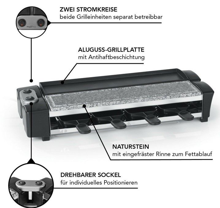 Maxxmee Raclette Grill Für 8 Personen MAXXMEE schwenkbarer Raclette Grill max 8 Personen für 64,99€ (statt 75€)