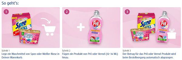 dm: Waschmittel von Spee oder Weißer Riese kaufen dann ein Produkt von Pril oder Vernel gratis dazu