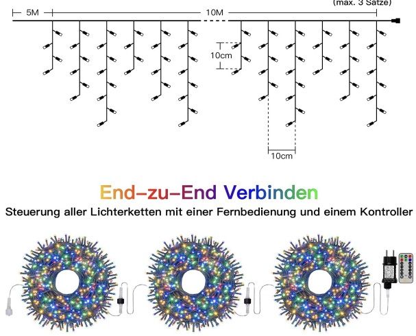 Gartenpirat Eisregen Lichterkette Bunt – 6 M, 450 LED, Silberner Draht, IP44 Für Innen & Außen (mit Timer)