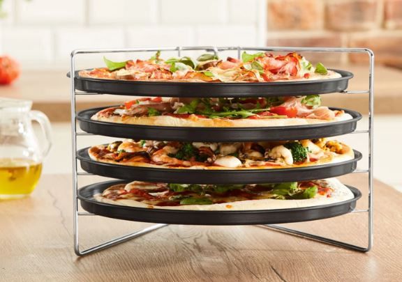 12-teiliges Pizza-Set Mit 4 Blechen, 4 Ständern & 4 Schaufeln – Edelstahl-Pizzablech 30 Cm, Metallständer & Holzgriff-Hebler Für Partys Oder Gastronomie