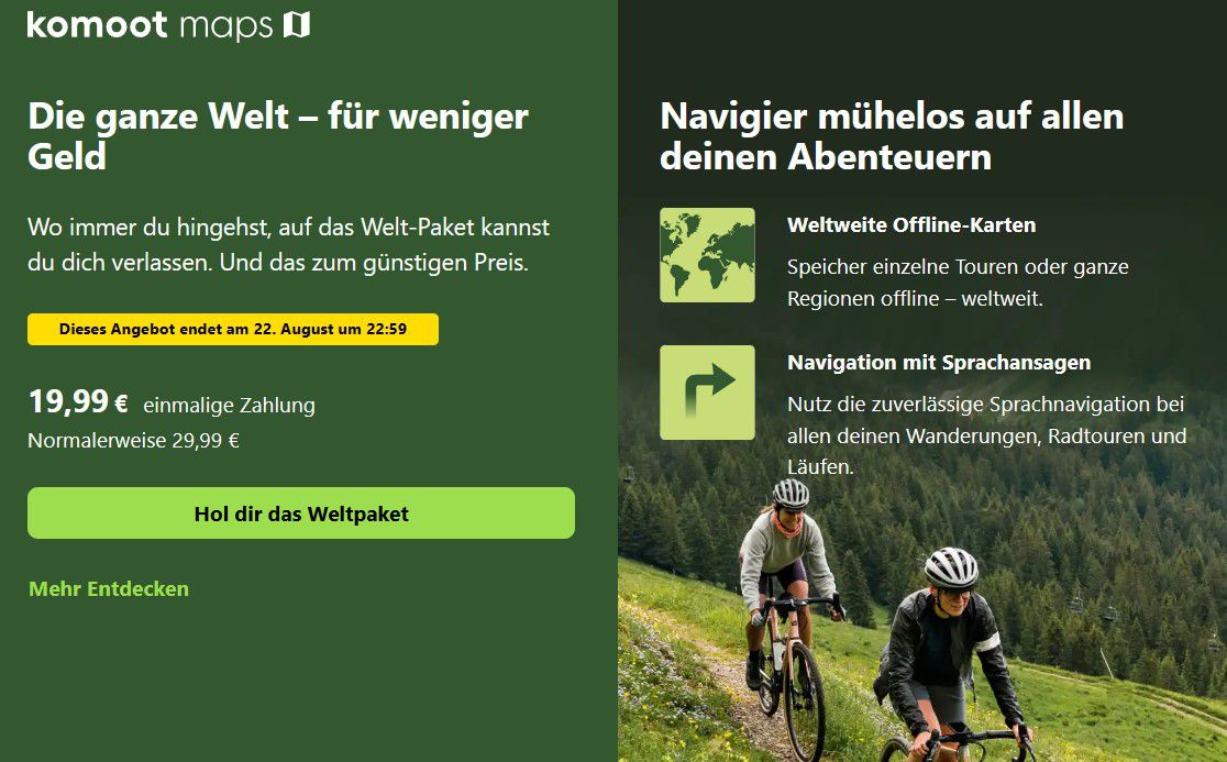 Komoot App Welt Paket Wandern & Biken (Neukunden) für 19,99€ (statt 30€)
