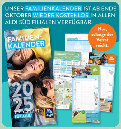 Gratis Familienkalender 2025 bei Aldi Süd ab 30.10.